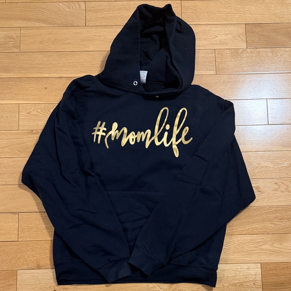 Black Hoodie with Gold #momlife Print